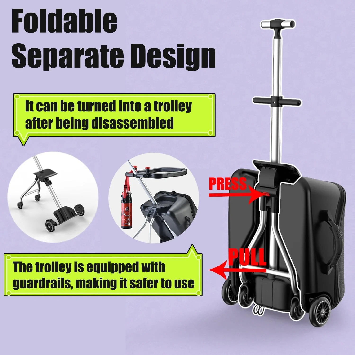 چمدان چرخدار کودکانه rcqeuiol، ست چمدان کودک، جعبه اسباب بازی ترولی مسافرتی مد روز برای دانشجویان، جعبه 2 در 1 و کالسکه کودک، مشکی