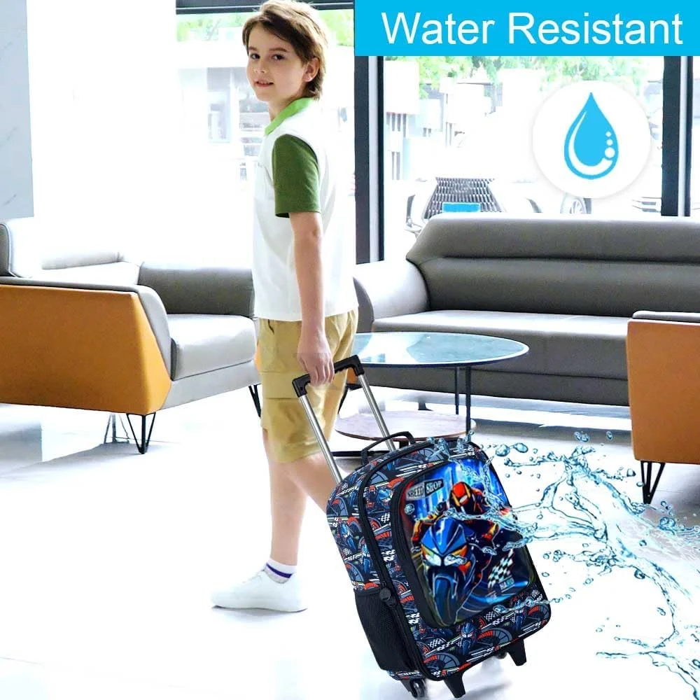 چمدان کودکانه برای دختران و پسران، چمدان چرخدار ضد آب، مناسب سفر برای کودکان دبستانی و پیش دبستانی، چمدان آبی موتور سیکلت با چاپ UV خنک، سایز One Size، چمدان دخترانه