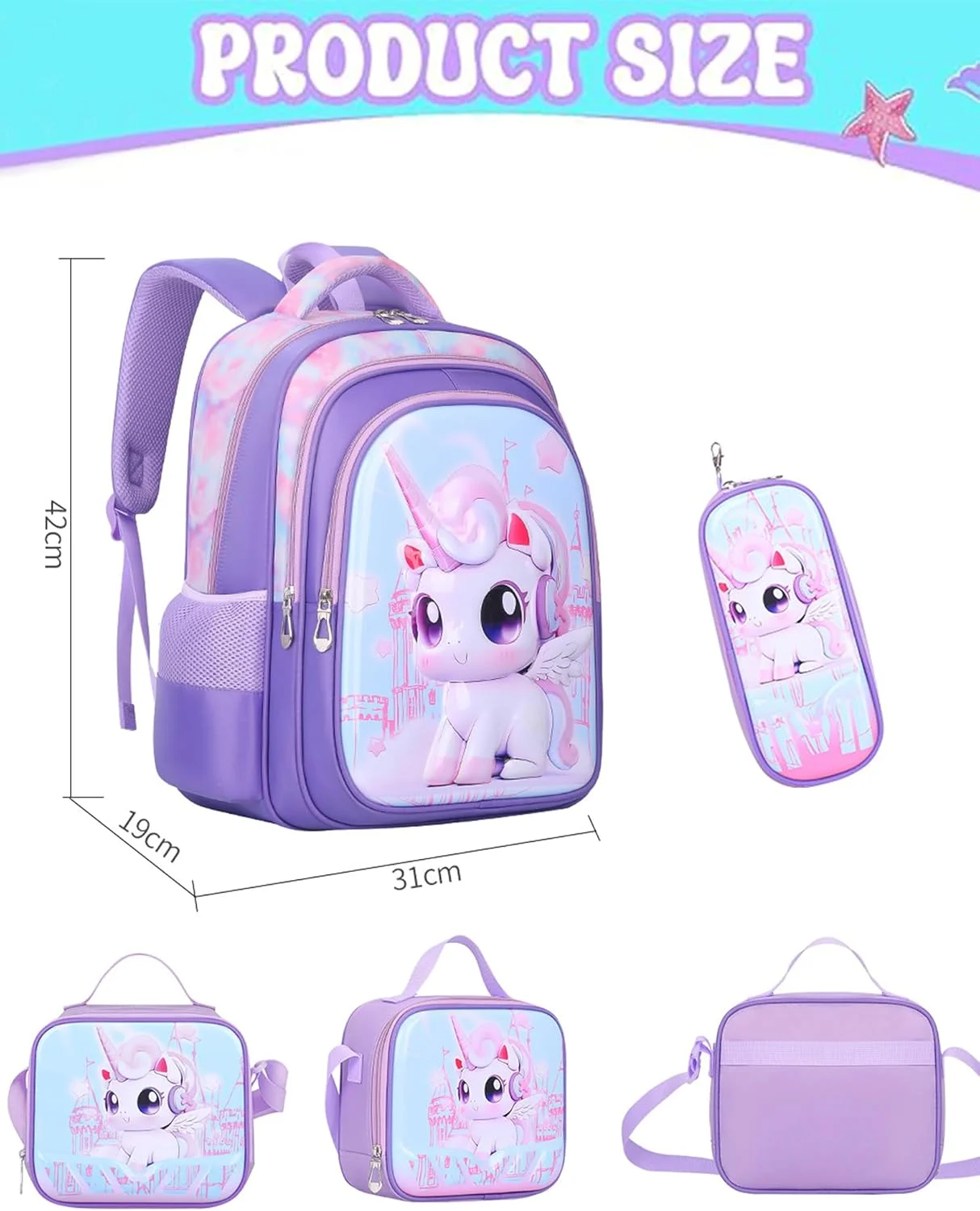 کیف چرخدار کودکانه، کوله پشتی چرخدار یونیسکس کودک نوپا با طرح تک شاخ به همراه جامدادی، کیف غذا، کوله پشتی چرخدار مسافرتی دخترانه و پسرانه