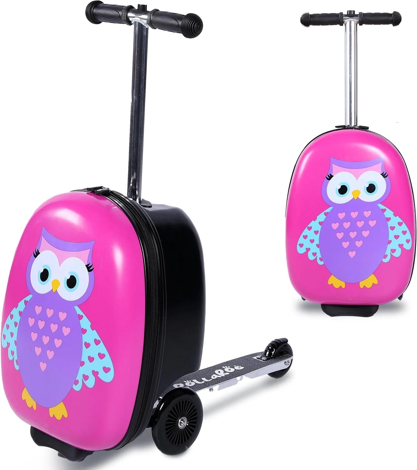 ROLLAROO Owl Kids Scooter Suitcase - Folding Kids Luggage with Wheels - Multifunctional Ride on Luggage Travel suitcase with Strong Grip, Easy Locks and Zippers – Capacity to Hold 110LB, Black, Small,