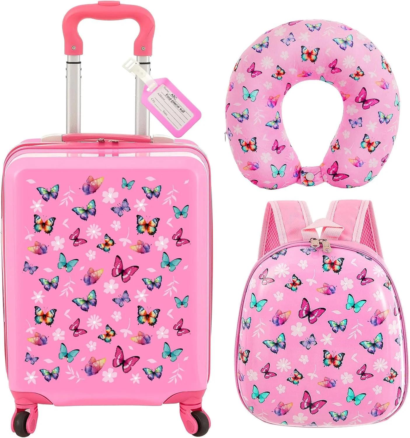 Sanwuta 4 Pcs Kids Luggage Set Kids Backpack Travel Rolling Suitcase with Wheels U-shape Pillow Christmas Gift for Girls Boys, Rose Pink, 17 Inch, Butterfly Style