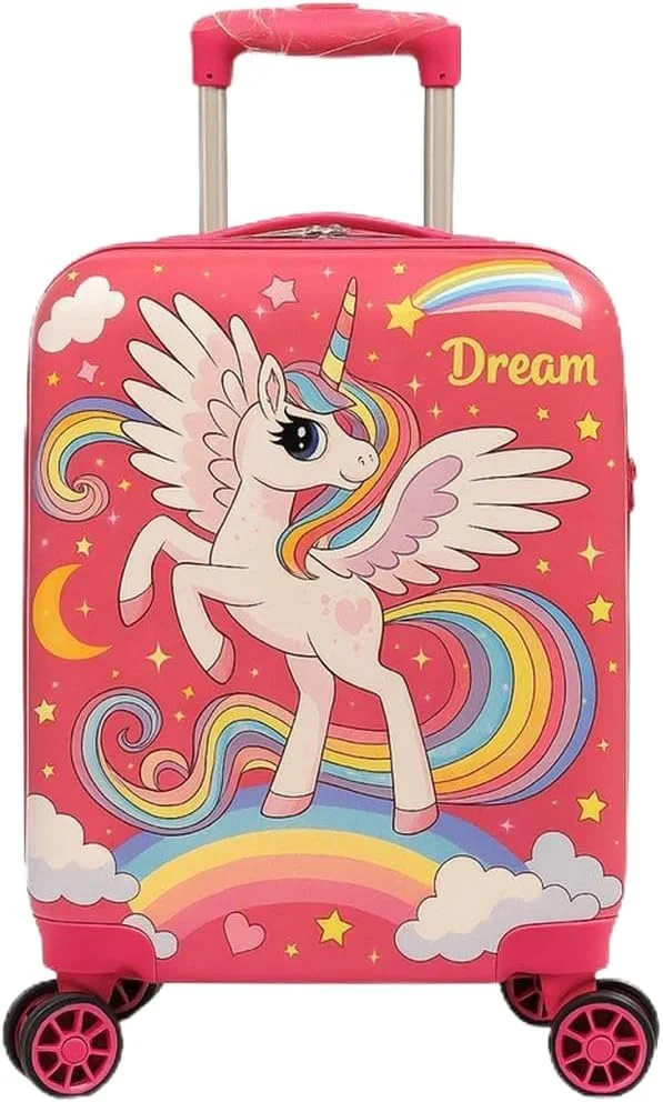 چمدان چرخ دار کودکانه، چمدان سخت پوسته صورتی با طرح رنگین کمان، 4 چرخ گردان، دسته تلسکوپی