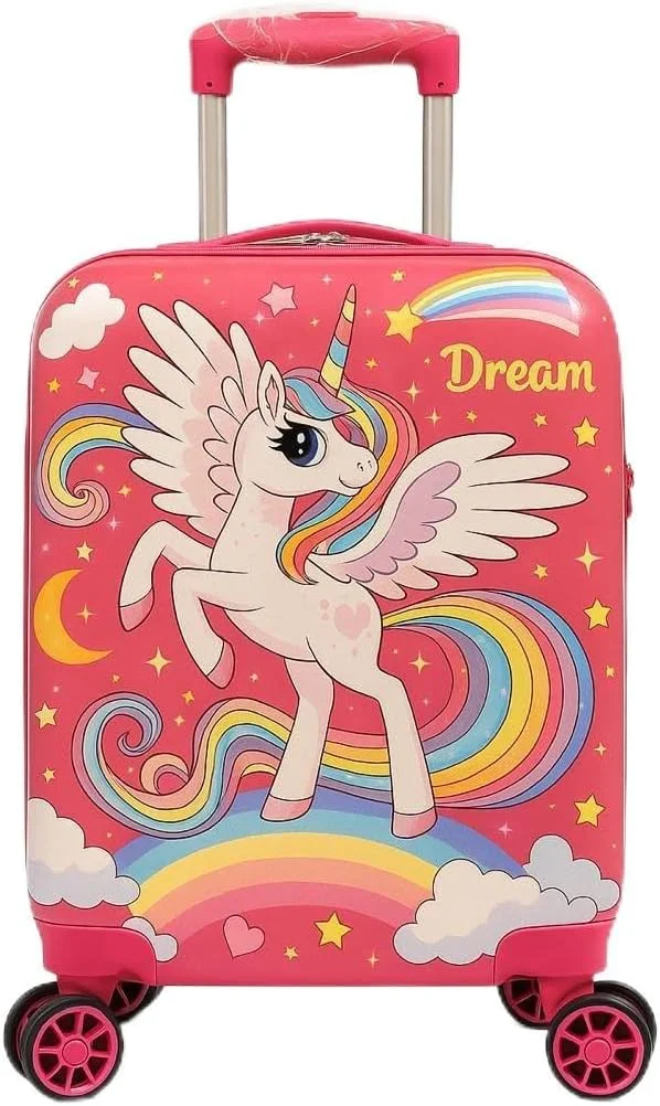 چمدان چرخ دار کودکانه، چمدان سخت پوسته صورتی با طرح رنگین کمان، 4 چرخ گردان، دسته تلسکوپی