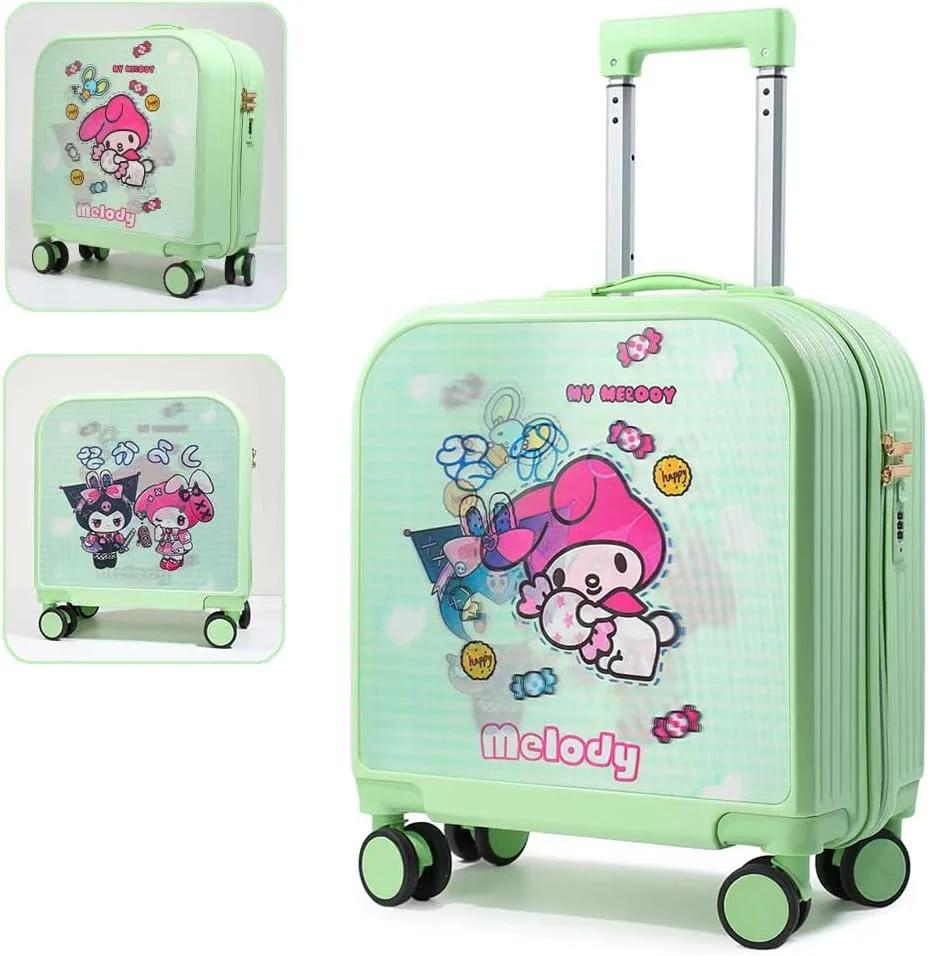 Kids Rolling Luggage Case, 20 Inch Carry on Suitcase with 3D Transform Pattern Sticker for Girls Boys, Large Capacity Trolley Case with Universal wheels for School Outdoor Travel (Green Melody)