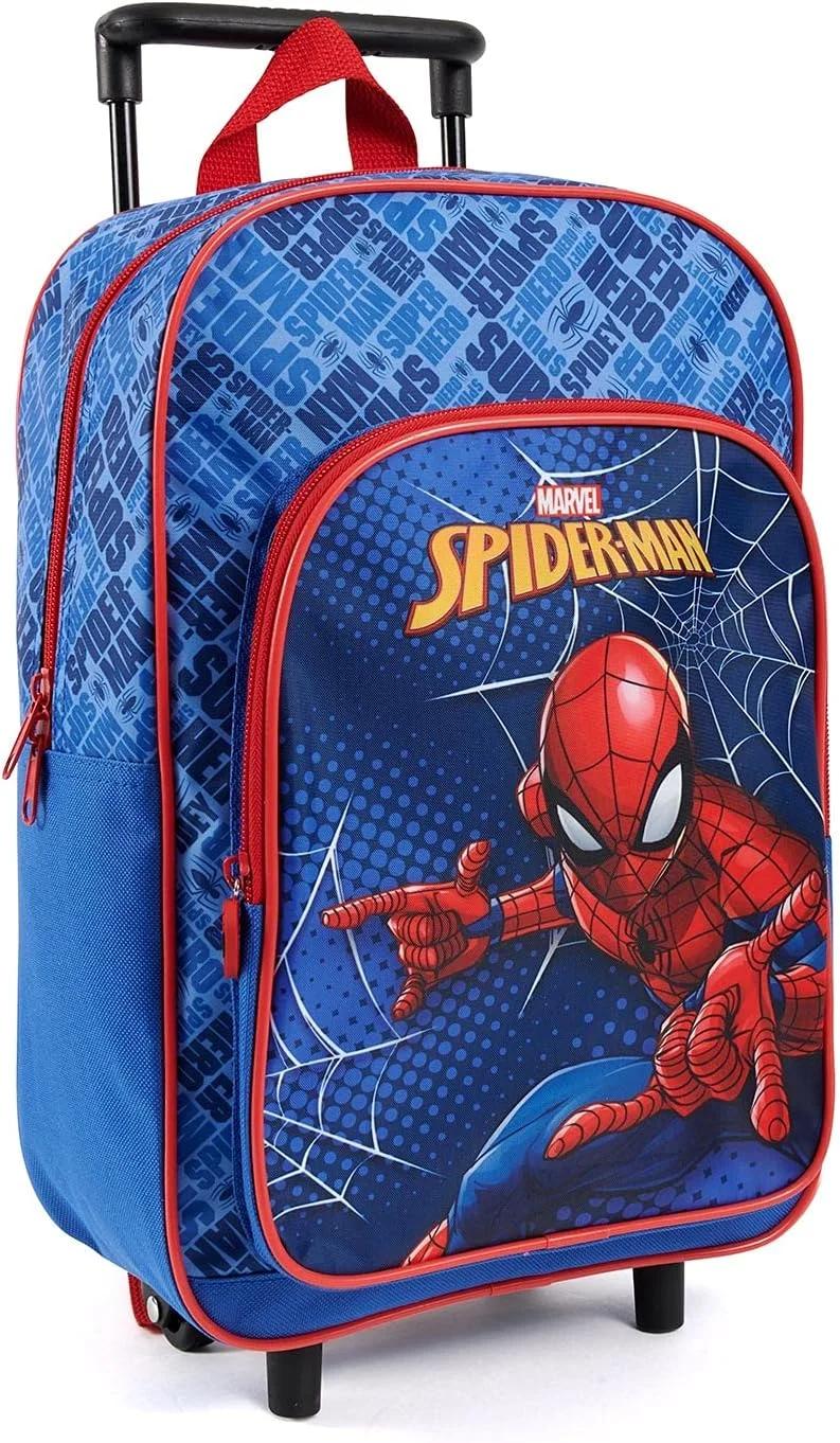 PERLETTI Spiderman Backpack with Wheels for Children – Removable Wheeled Bag Boys Blue and Red Nursery School – Lightweight Marvel Super Hero Men's Spider Travel Leisure – 36 x 25 x 12 cm, Blue,