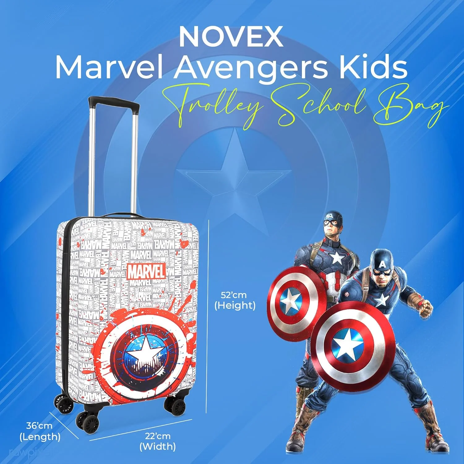چمدان چرخدار کودکانه نووکس مارول طرح کاپیتان آمریکا مناسب سفر | قرمز، چمدان پلی کربنات 22 اینچی | چمدان/کیف چرخشی کودکانه با 4 چرخ - چرخش 360 درجه | کیف های منحصر به فرد برای پسران، حمل آسان