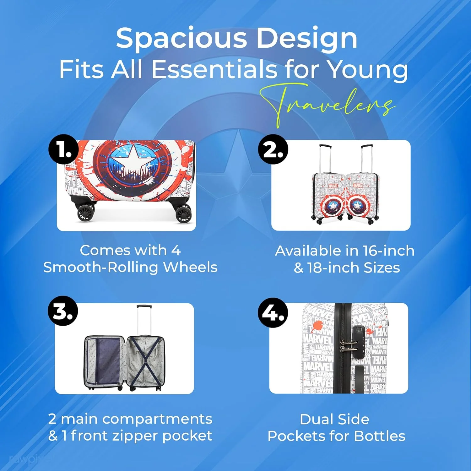 چمدان چرخدار کودکانه نووکس مارول طرح کاپیتان آمریکا مناسب سفر | قرمز، چمدان پلی کربنات 22 اینچی | چمدان/کیف چرخشی کودکانه با 4 چرخ - چرخش 360 درجه | کیف های منحصر به فرد برای پسران، حمل آسان