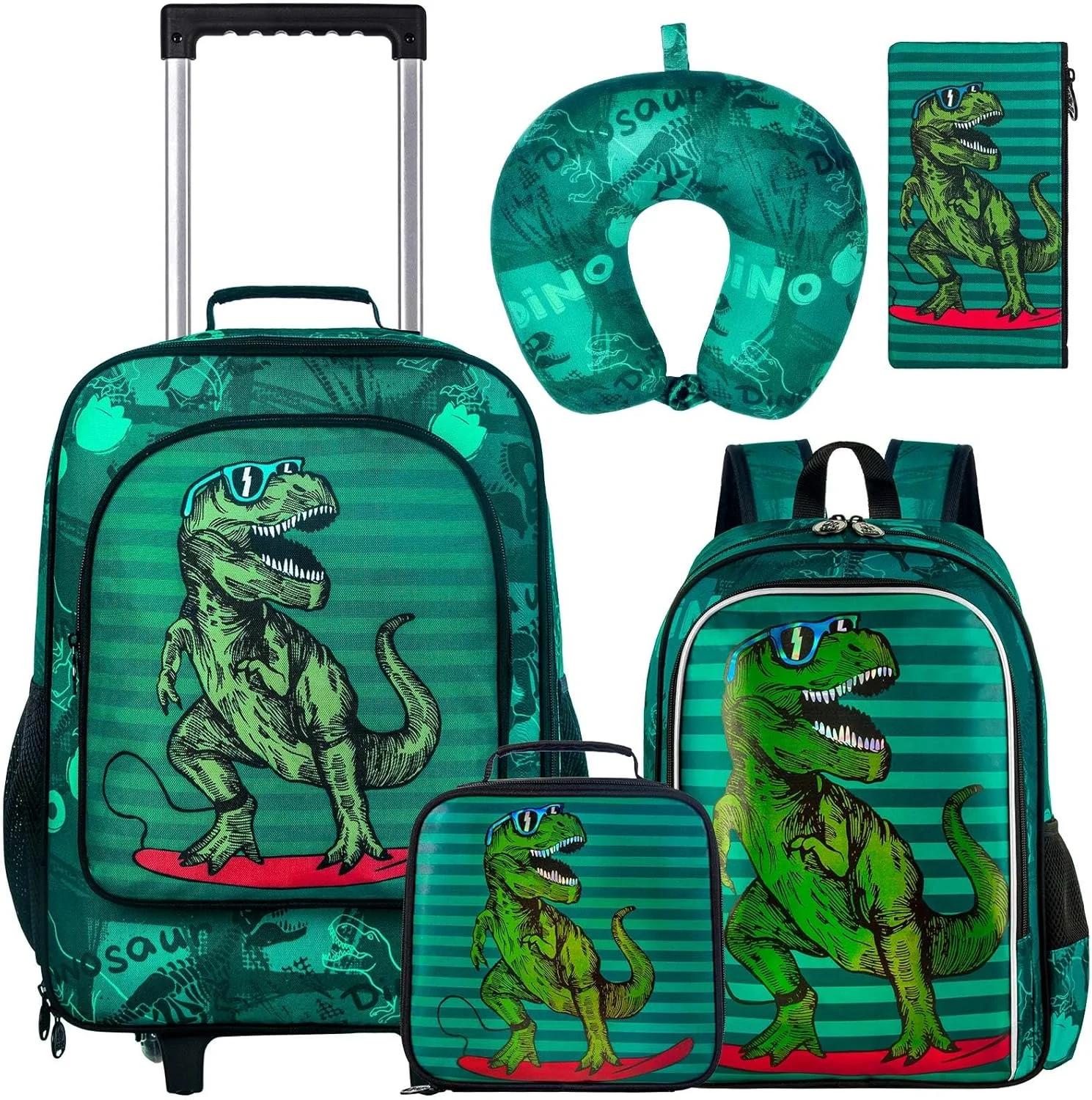 gxtvo 5PCS Kids Luggage Set with Wheels for Boys, Cool Dinosaur Rolling Carry-On Suitcase for Toddler Children