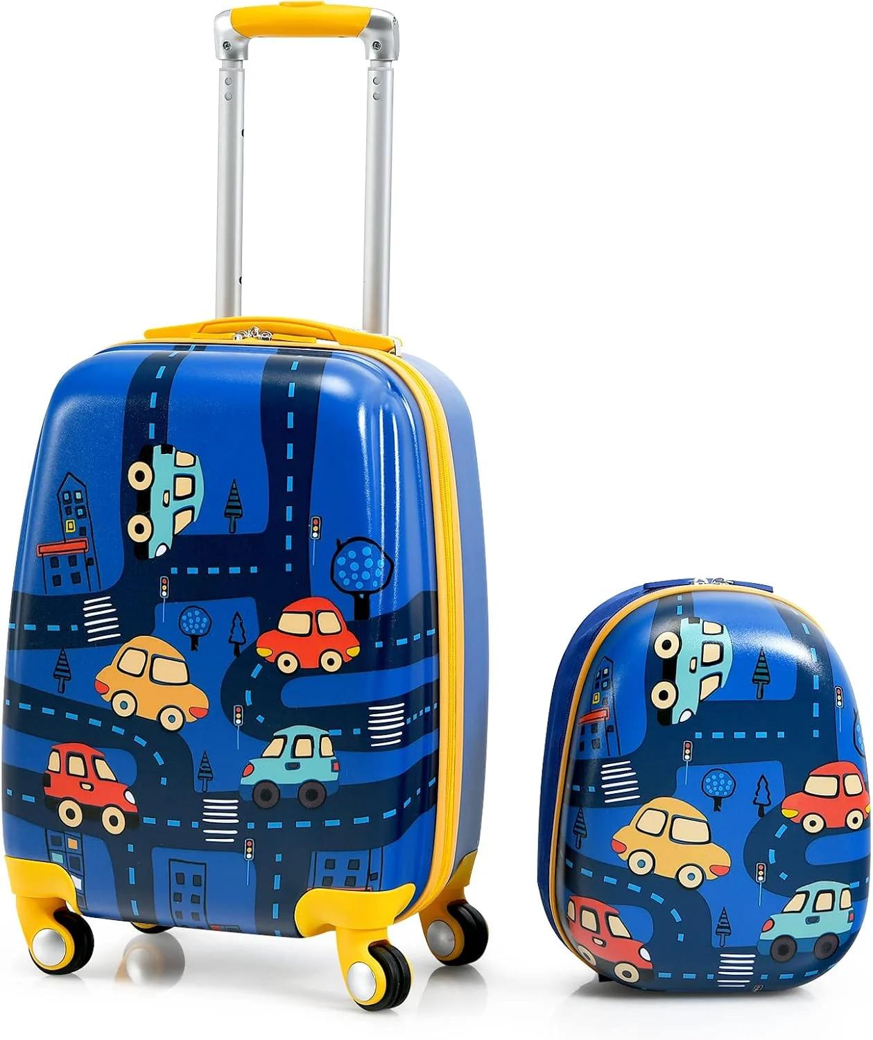 GYMAX 2Pc Kids Luggage Set, 12" & 16"/18" Children Hand Trolley Case with 4 Spinner Wheels, Carry On Suitcase for Boys & Girls Travel School (12" & 18", Navy Blue)