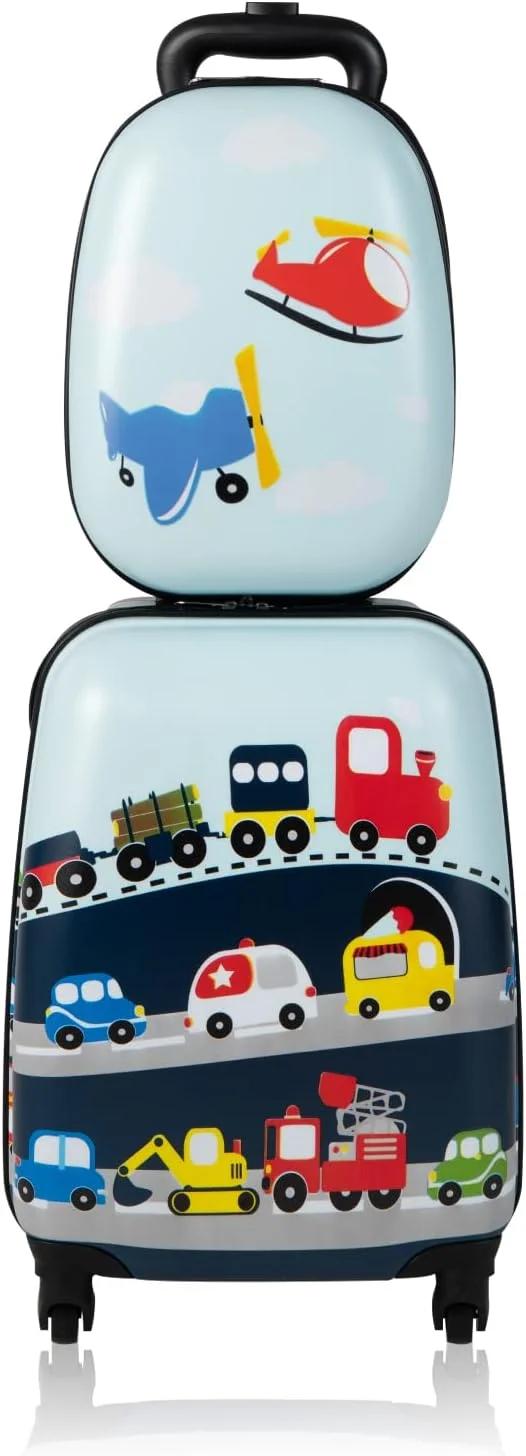 Goplus 2PC Kids Luggage, 12" & 16" Kids Carry On Luggage Set with 4 Spinner Wheels, Lightweight Rolling Spinner Suitcase for Children Toddlers Boys and Girls Travel, Car, 77 cm (length) x 32 cm