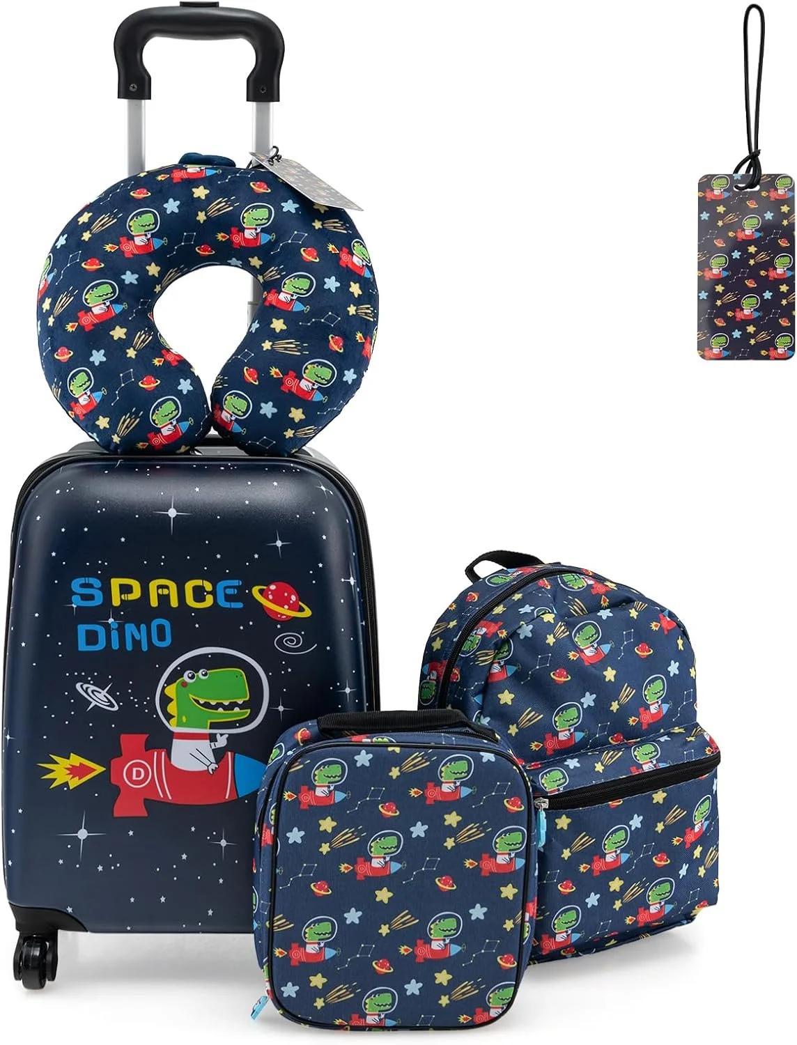 Goplus 5 Piece Kid’s Luggage Set, 15” Carry on Suitcase w/13” Backpack, Neck Pillow, Hardside Spinner Toddler Luggage, Travel Rolling Suitcase for Boys Girls Gifts, Navy, Space Dino/Blue, Car/Pink