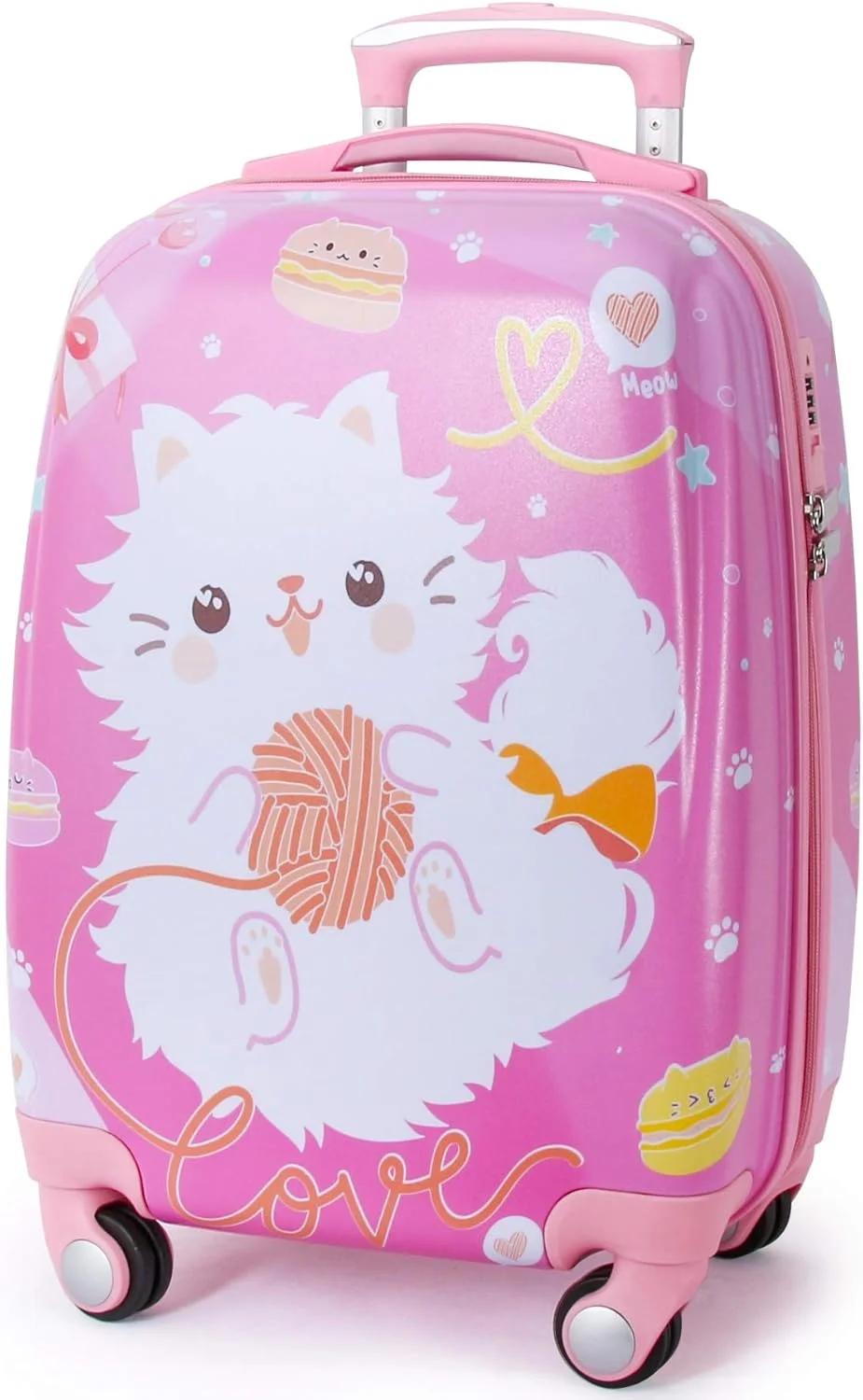 GURHODVO Kids Carry On Luggage Children Rolling Suitcase with 4 Wheels Hardshell Case for Toddler to Travel (w-cat)