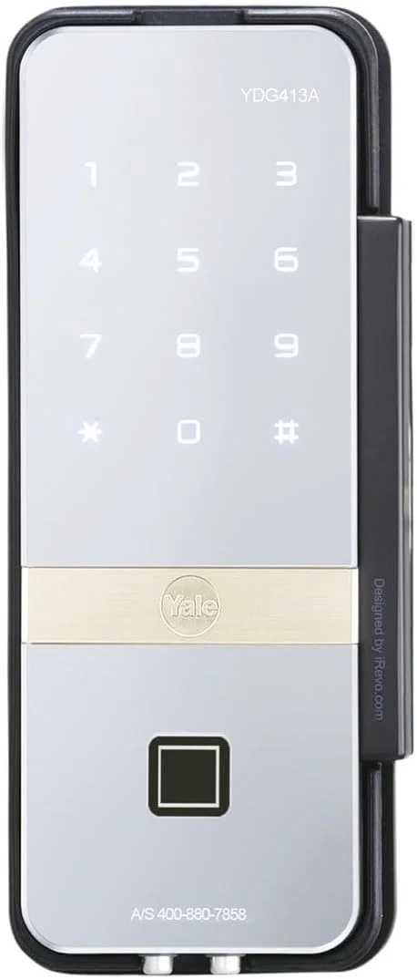 قفل هوشمند شیشه ای Yale YDG413A مناسب برای درب های شیشه ای با ضخامت 9 تا 13 میلی متر، با قابلیت اثر انگشت و کد پین، قفل خودکار، دسترسی از راه دور، آلارم دستکاری، منبع تغذیه اضطراری، اعلان باتری، کلید مکانیکی