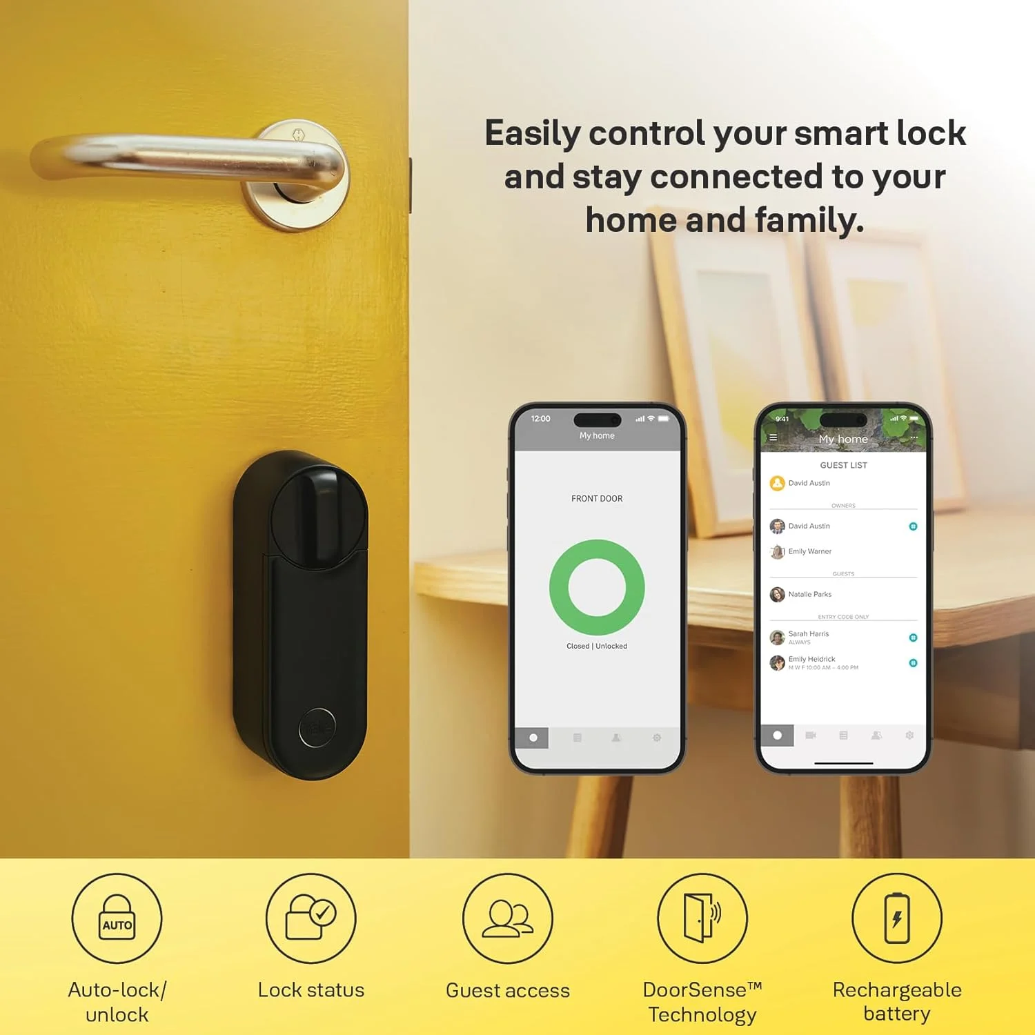 قفل هوشمند درب Yale Linus L2، مشکی - ورود بدون کلید، نصب آسان، وای فای و بلوتوث داخلی، دسترسی از راه دور، کلیدهای مجازی، نصب بر روی سیلندر پروفیل یورو، هشدارهای فوری