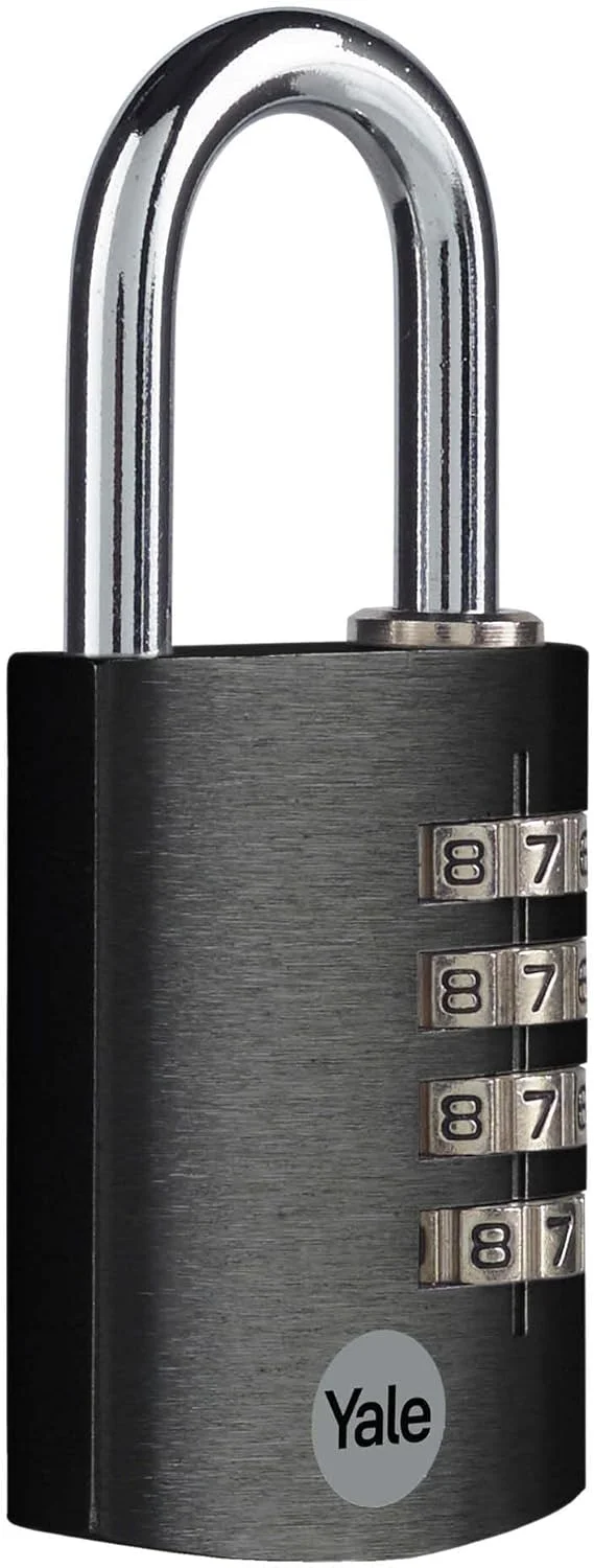 قفل آویز ترکیبی آلومینیومی 38 میلی متری استاندارد Yale - مدل YE3CB/38/131/1/BK - مشکی - دارای حلقه فولادی سخت کاری شده باز - قفل ترکیبی 4 شماره ای