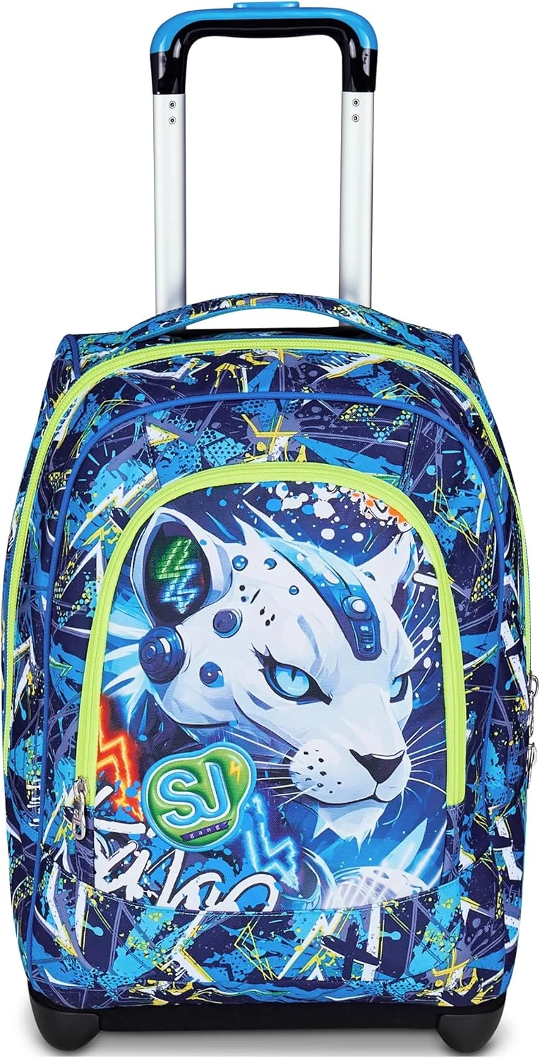 ترولی مدرسه ای آبی رنگ SJ GANG STYLE JAM GANG، ترولی 2 در 1 با قابلیت استفاده دوگانه به عنوان چرخ دستی و کوله پشتی، کوله پشتی مدرسه ابتدایی برای کودکان، آبی رنگ، سایز UNICA، مدرن
