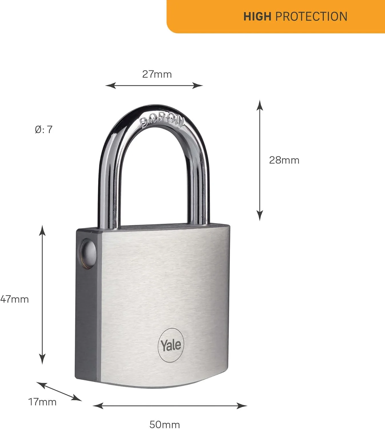 قفل آویز برنجی Yale، ۵۰ میلی متر، امنیت بالا مناسب برای استفاده در فضای باز، میله بورون، قفل دوبل، روکش کروم ساتن، Y120B/50/127/1