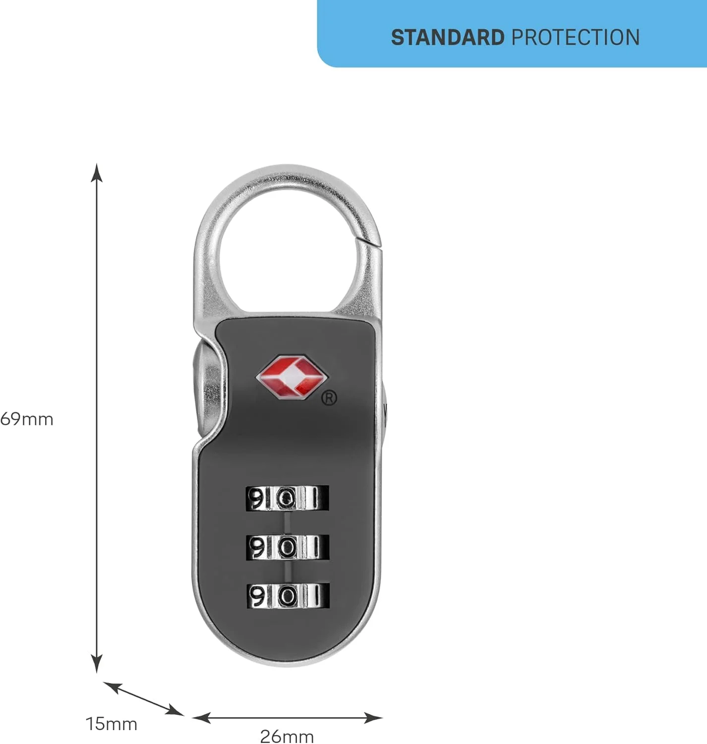 قفل چمدانی مورد تایید Travel Sentry® ییل با حلقه گیره دار، قفل ترکیبی 3 شماره ای، حلقه 26 میلی متری زینک، خاکستری، YTP2/26/216/1G