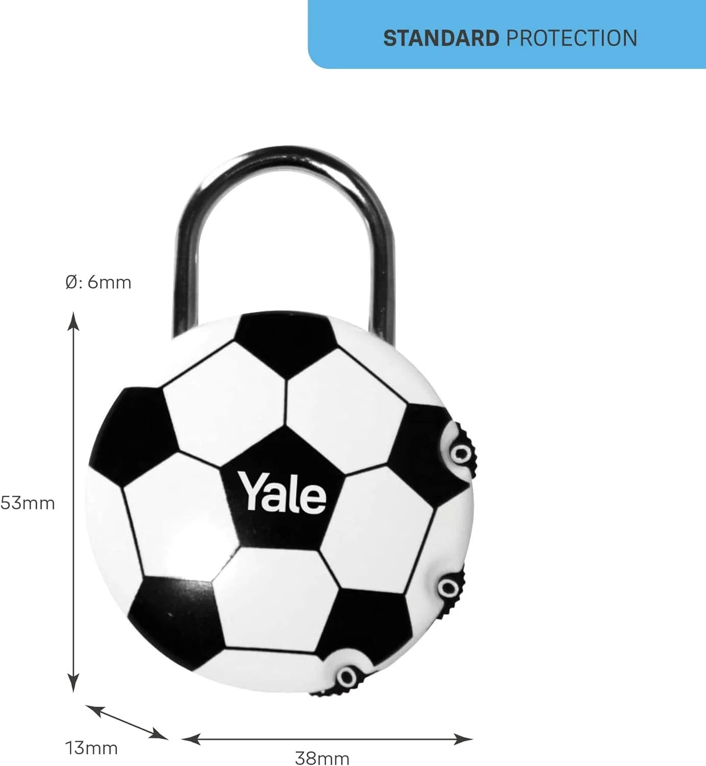 قفل رمزی طرح توپ فوتبال Yale، سه شماره ای، بدنه زینک، عرض 40 میلی متر، امنیت استاندارد مناسب برای کیف و کمدهای ورزشی، Y-FOOTBALL