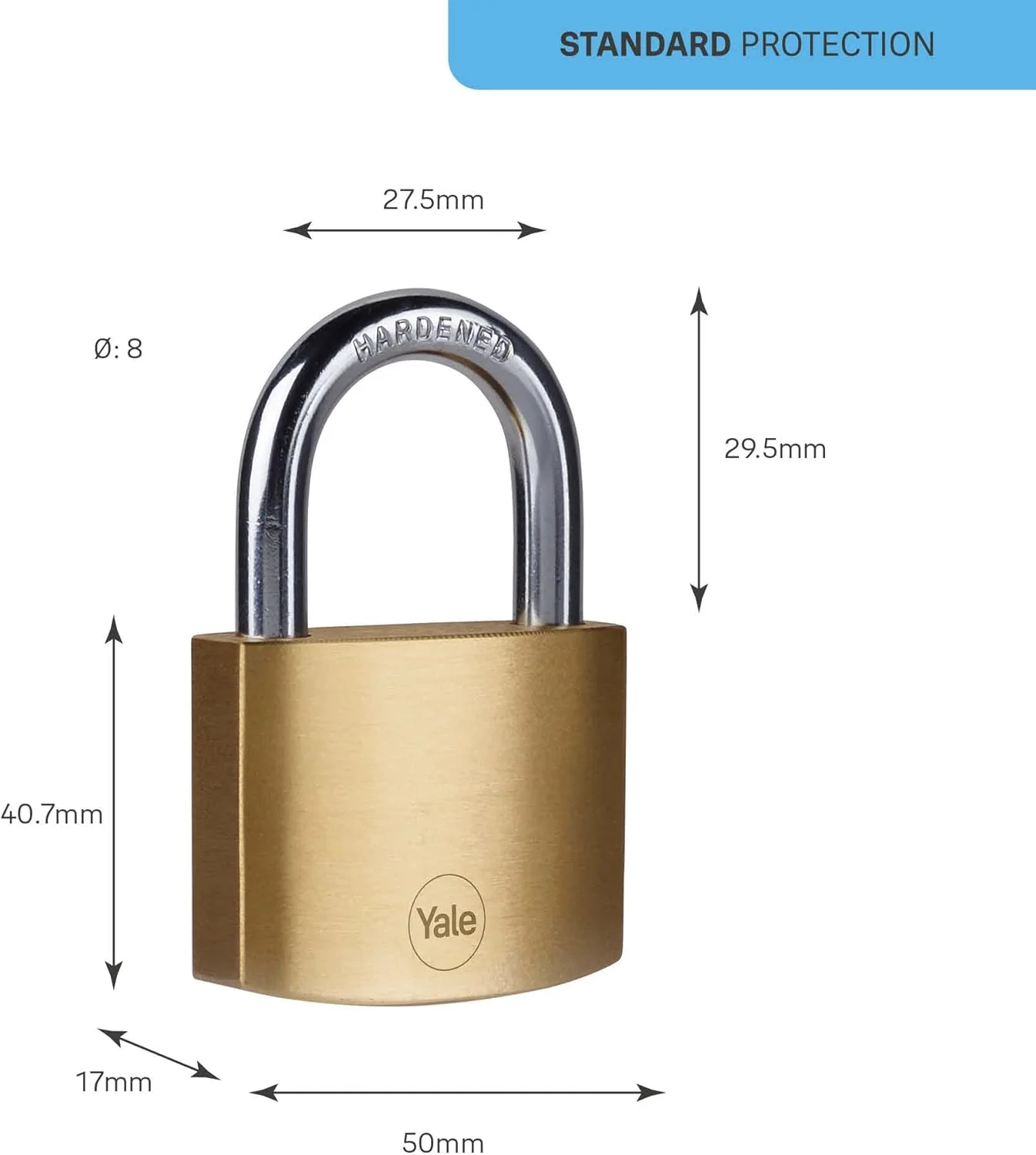قفل آویز برنجی استاندارد Yale، 50 میلی متر، مقاوم در برابر خوردگی، دارای حلقه فولادی سخت شده فنری، مناسب برای استفاده در محیط های داخلی، قفل دوبل، 3 کلید، Y110B/50/126/1