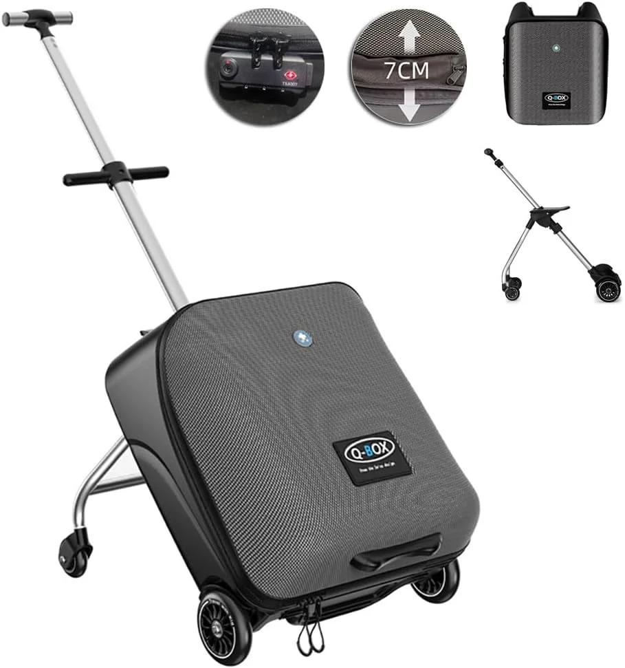 2 in1 Rolling Luggage Case for Kids, Expandable Carry on Suitcase with Baby Stroller for 1-10 Years Toddler Infant, 20 Inch Children Ride On Trolley Case for Outdoor Travel (Without Guardrail, Black)