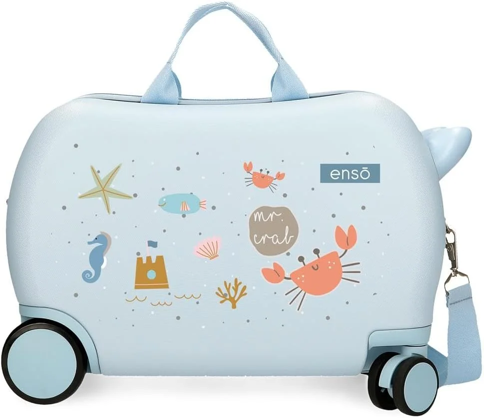کوله پشتی بچگانه Enso طرح آقای خرچنگ، ABS، چرخ های دوبل چند جهته گردان، قفل ترکیبی جانبی برای سفر ایمن، کاربردهای متعدد، آبی، 45x31x20 سانتی متر، چمدان بچگانه آبی