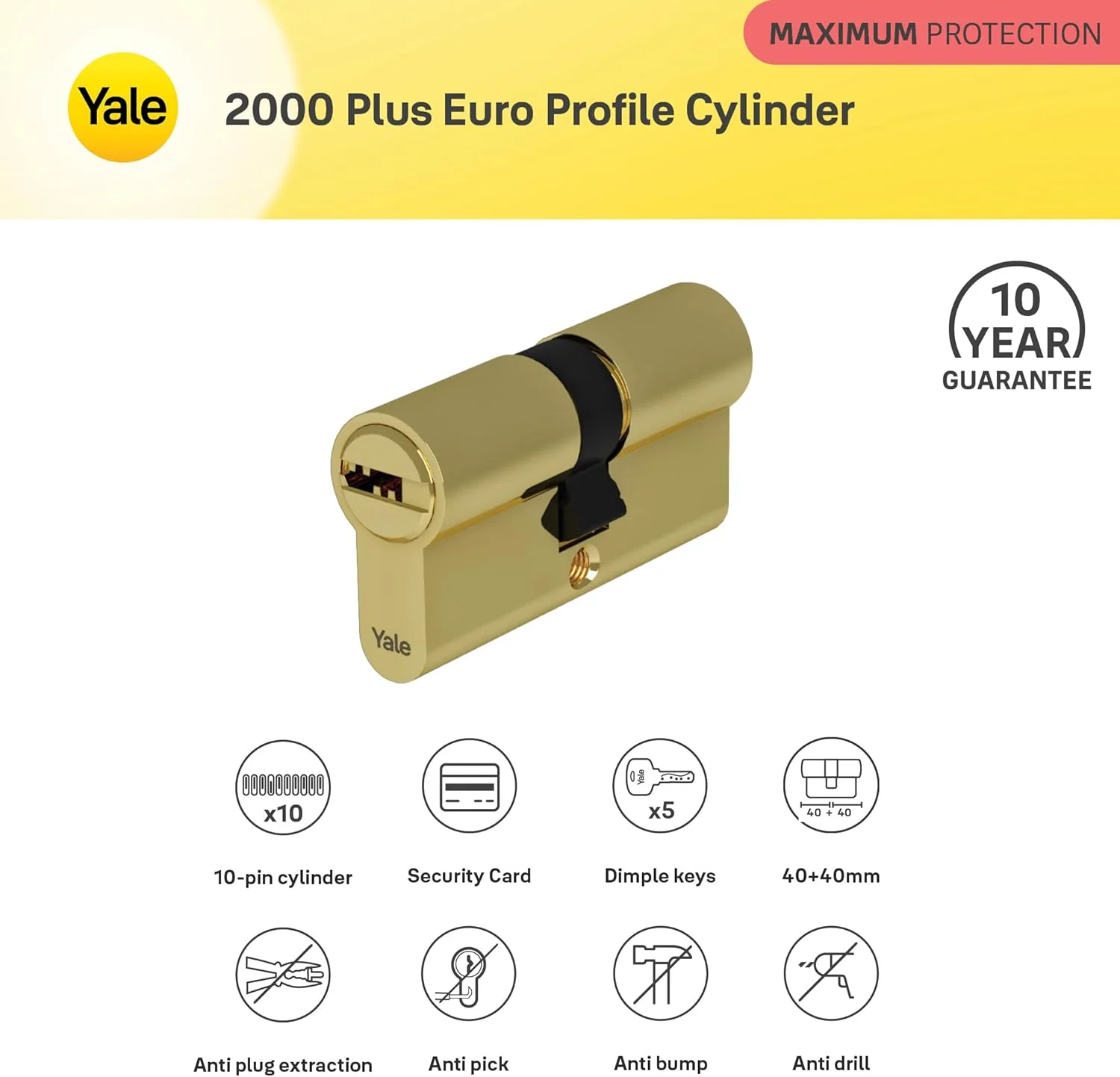 سیلندر پروفیل یورو Yale 2000 Plus با کلید برگشت‌پذیر، قفل 10 پین ثبت شده با امنیت بالا، محافظت در برابر باز کردن قفل، سوراخ‌کاری و کشیدن، 5 کلید با کارت امنیتی، برنجی پرداخت شده، 10-2902-4040-00-0211
