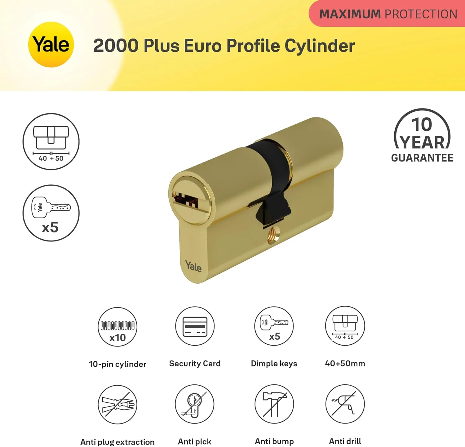 سیلندر پروفیل یورو Yale 2000 Plus با کلید برگشتپذیر، قفل 10 پین ثبت اختراع شده با امنیت بالا، محافظت در برابر باز کردن قفل، سوراخکاری و کشیدن، 5 کلید با کارت امنیتی، برنجی براق، 10-2902-4050-00-0211 سیلندر پروفیل یورو Yale 2000 Plus با کلید برگشتپذیر، قفل 10 پین ثبت اختراع شده با امنیت بالا، محافظت در برابر باز کردن قفل، سوراخکاری و کشیدن، 5 کلید با کارت امنیتی، برنجی براق، 10-2902-4050-00-0211