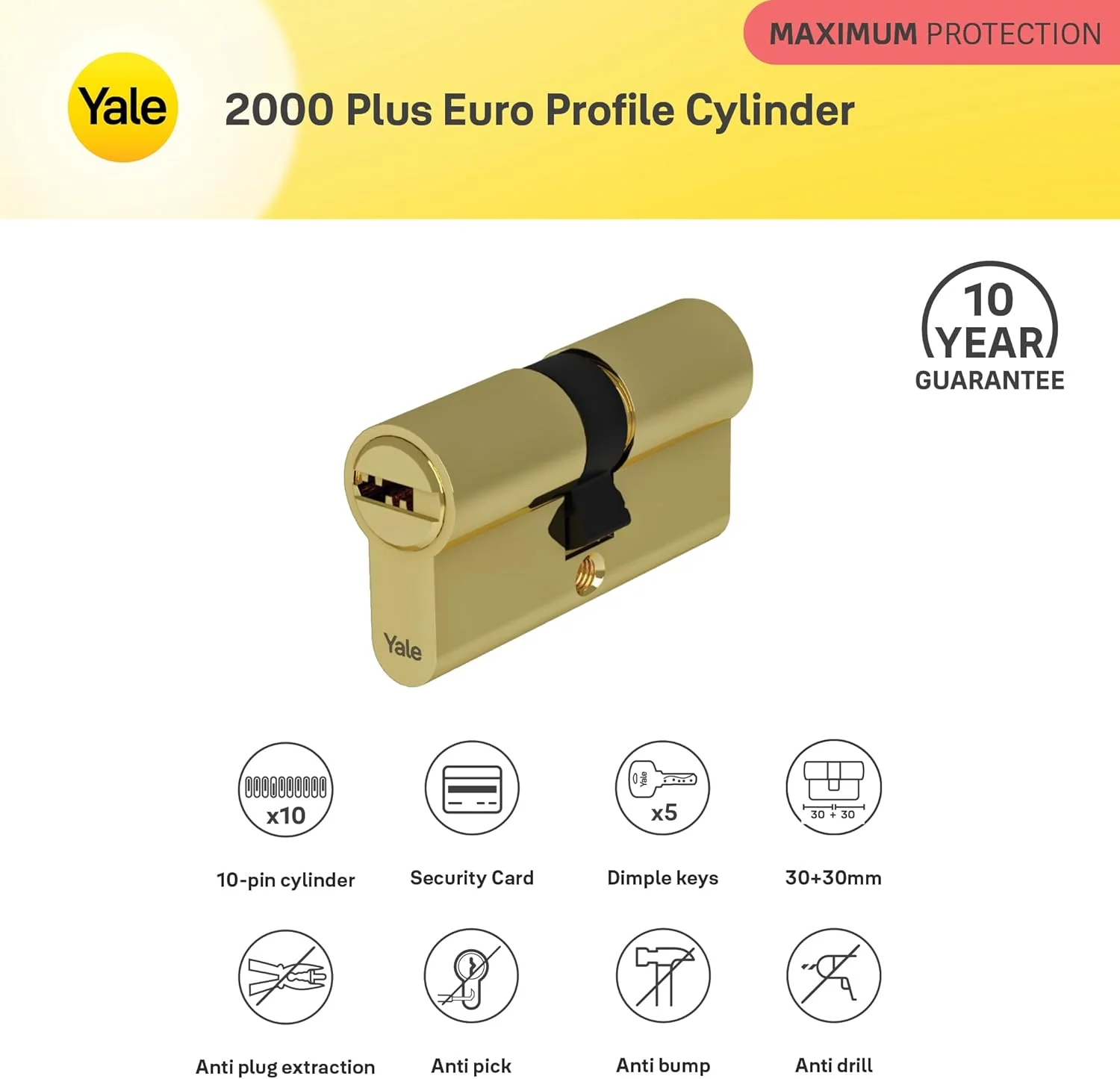 سیلندر پروفیل یورو Yale 2000 Plus با کلید برگشتپذیر، قفل 10 پین ثبت شده با امنیت بالا، محافظت در برابر باز کردن قفل، سوراخکاری و کشیدن، 5 کلید با کارت امنیتی، برنجی براق، 10-2902-3030-00-0211 سیلندر پروفیل یورو Yale 2000 Plus با کلید برگشتپذیر، قفل 10 پین ثبت شده با امنیت بالا، محافظت در برابر باز کردن قفل، سوراخکاری و کشیدن، 5 کلید با کارت امنیتی، برنجی براق، 10-2902-3030-00-0211