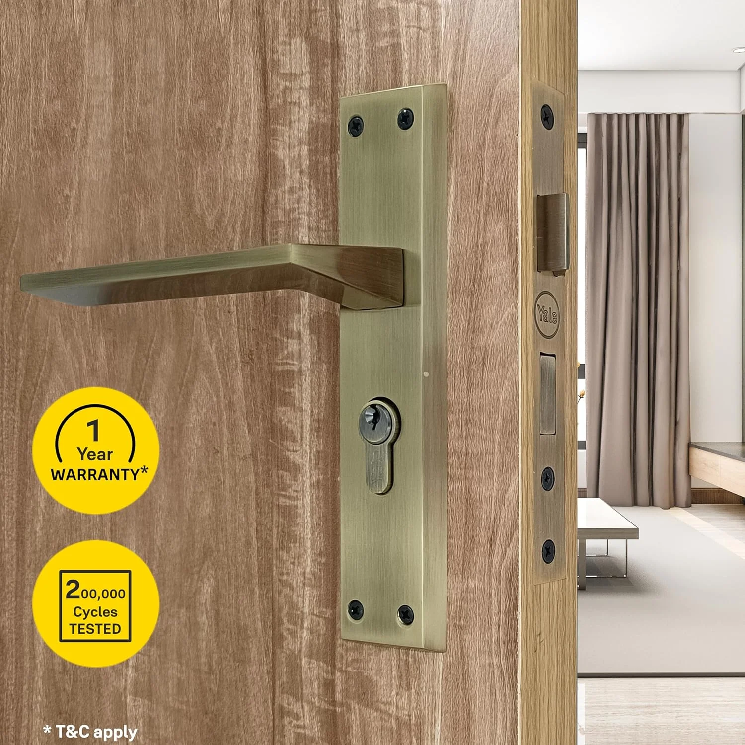 ست دستگیره قفل درب Yale Mortise، قفل درب با امنیت بالا برای درب اصلی - دستگیره قفل درب برای خانه، دفتر، اتاق خواب - مناسب برای درب های 30-40 میلی متر - 3 کلید (پرداخت برنجی عتیقه)