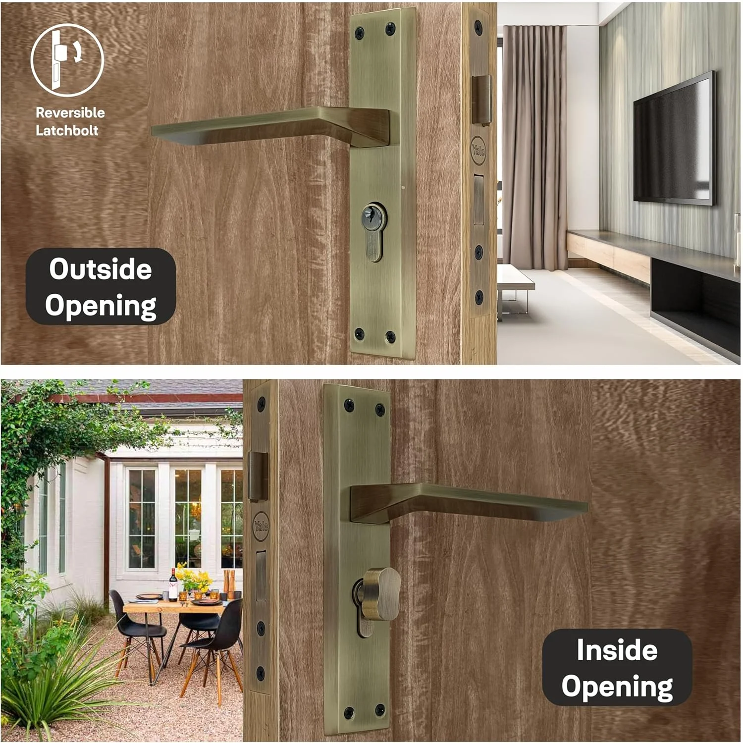 ست دستگیره قفل درب Yale Mortise، قفل درب با امنیت بالا برای درب اصلی - دستگیره قفل درب برای خانه، دفتر، اتاق خواب - مناسب برای درب های 30-40 میلی متر - 3 کلید (پرداخت برنجی عتیقه)