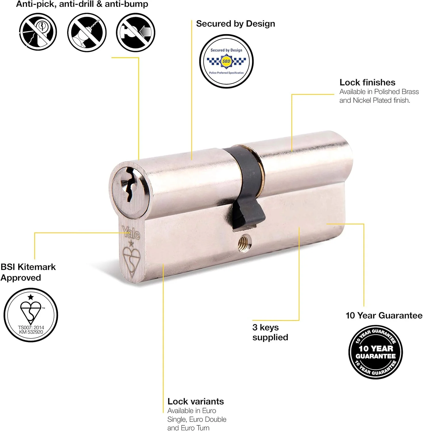 سیلندر قفل یورو یک ستاره Yale KMT3535-NP با پیچ شستی، همراه با 3 کلید، امنیت بالا، بسته‌بندی شده، مناسب برای انواع درب، روکش نیکل، 35:10:35 (80 میلی‌متر)