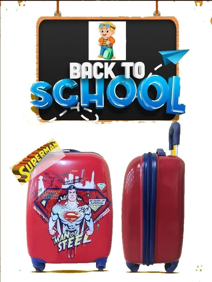 چمدان کودکانه 18 اینچی طرح سوپرمن دارای مجوز رسمی با استیکرهای قابل استفاده مجدد، چمدان کابین با 4 چرخ، چمدان چرخدار سبک وزن کودک نوپا، بدنه سخت ABS بادوام، زیپ ضد سرقت، دسته تلسکوپی