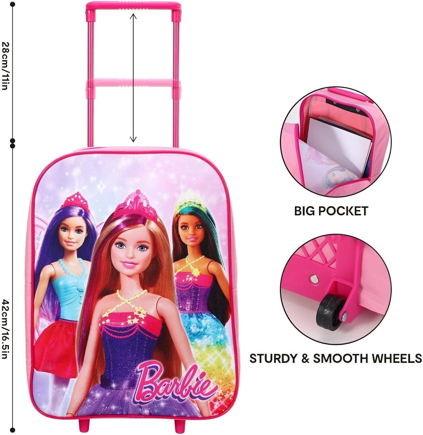 کیف چرخدار تاشو استاندارد تعطیلات دخترانه باربی TDL، کوله پشتی چمدان دستی برای مسافرت های مدرسه و تعطیلات