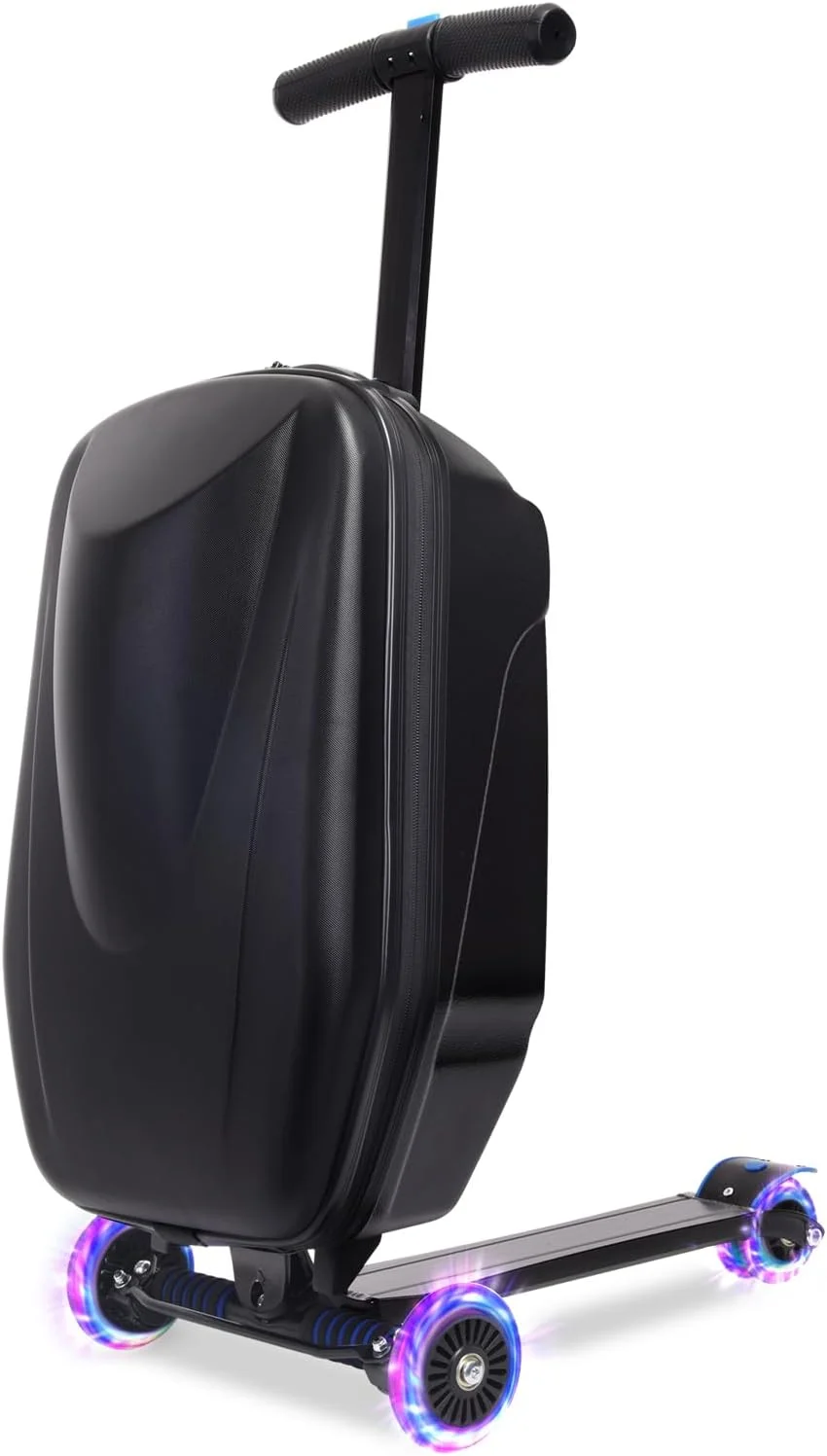 چمدان اسکوتر 20 اینچی برای کودکان، چمدان چرخ دار 2 در 1 مناسب برای پسران و دختران 4 تا 15 ساله، چمدان مسافرتی تاشو و سبک وزن هواپیما، مشکی پویا، با چرخ های LED