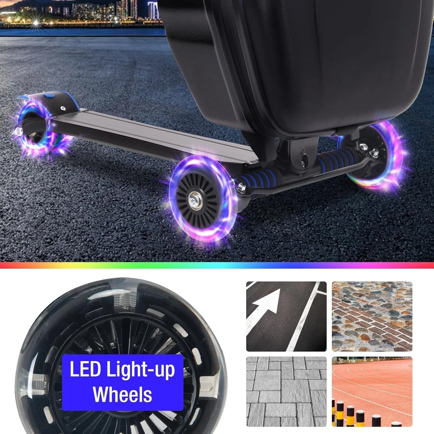 چمدان اسکوتر 20 اینچی برای کودکان، چمدان چرخ دار 2 در 1 مناسب برای پسران و دختران 4 تا 15 ساله، چمدان مسافرتی تاشو و سبک وزن هواپیما، مشکی پویا، با چرخ های LED