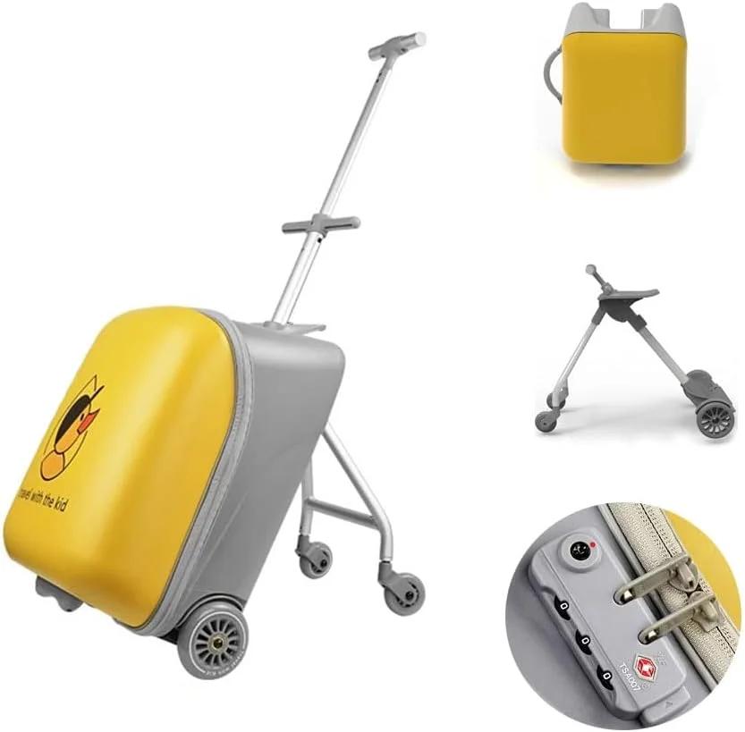 2-1 Suitcase,Travel Luggage Bag with Detachable Kids Stroller,Children's Ride On Suitcase with 2 Universal Wheels,Rolling Carry-On Luggage with Lock,Trolley Luggage Case with Silent Wheels (A, Yellow)