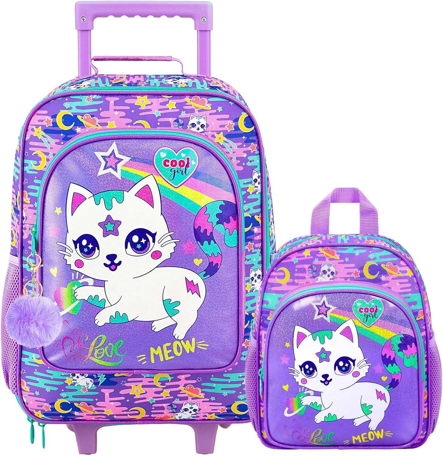 2PCS Luggage for Girls Boys, Unicorn Kids Carry on Suitcase for Children, Dinosaur Suitcases with Set 12" Toddler Backpack, Cat Purple, One Size