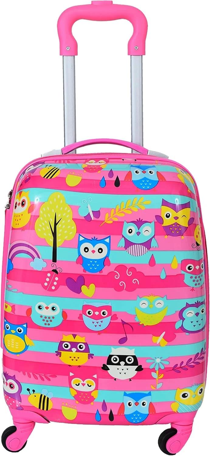 D's PARADISE Kid's 20 Inches hardcase owl Cartoon Print Travel Trolley Bag Suitcase Luggage for Girl's and Boy's, pink & blue, One Size, Luggage