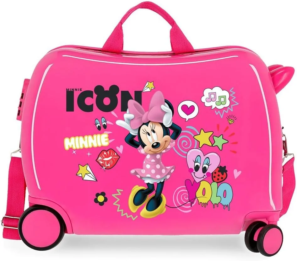 چمدان چرخدار کودکانه دیزنی طرح مینی موس صورتی، ابعاد 50x38x20 سانتی‌متر، جنس ABS سخت، قفل ترکیبی، حجم 34 لیتر، وزن 2.3 کیلوگرم، 4 چرخ، مناسب حمل دستی