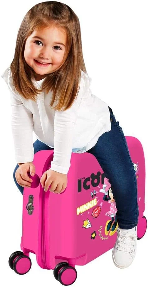 چمدان چرخدار کودکانه دیزنی طرح مینی موس صورتی، ابعاد 50x38x20 سانتی‌متر، جنس ABS سخت، قفل ترکیبی، حجم 34 لیتر، وزن 2.3 کیلوگرم، 4 چرخ، مناسب حمل دستی