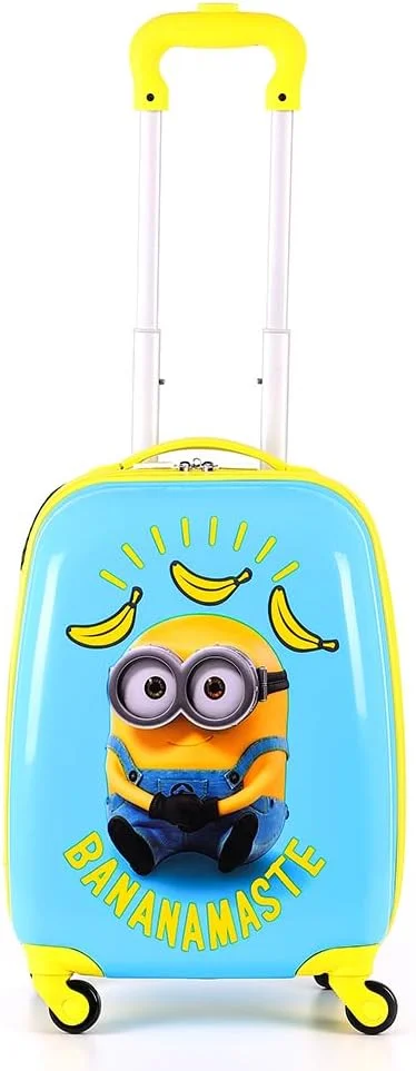 چمدان چرخ دار کودکانه یونیورسال طرح مینیون، سایز 18 اینچ به همراه استیکرهای قابل استفاده مجدد، چمدان کابین با 4 چرخ، ترولی سبک وزن کودکانه، بدنه سخت ABS بادوام، زیپ ضد سرقت، دسته تلسکوپی