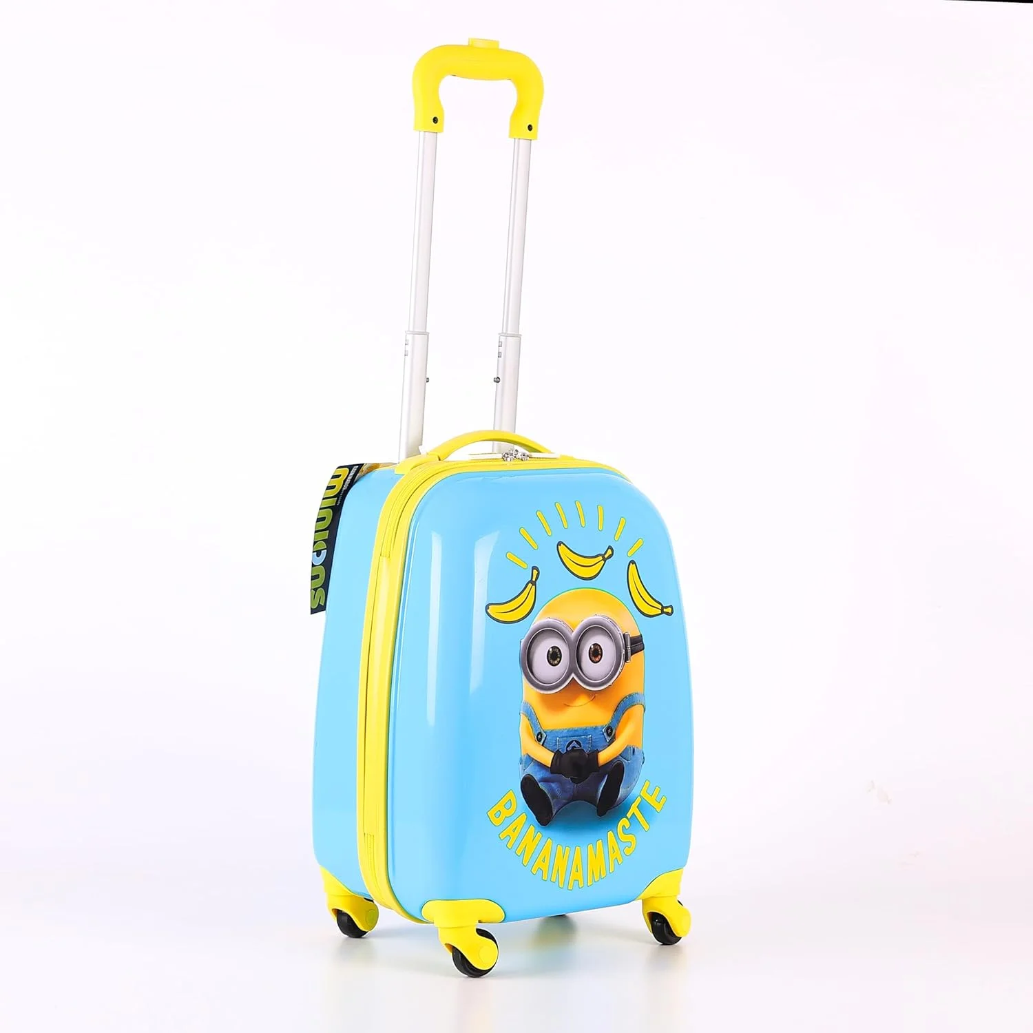 چمدان چرخ دار کودکانه یونیورسال طرح مینیون، سایز 18 اینچ به همراه استیکرهای قابل استفاده مجدد، چمدان کابین با 4 چرخ، ترولی سبک وزن کودکانه، بدنه سخت ABS بادوام، زیپ ضد سرقت، دسته تلسکوپی
