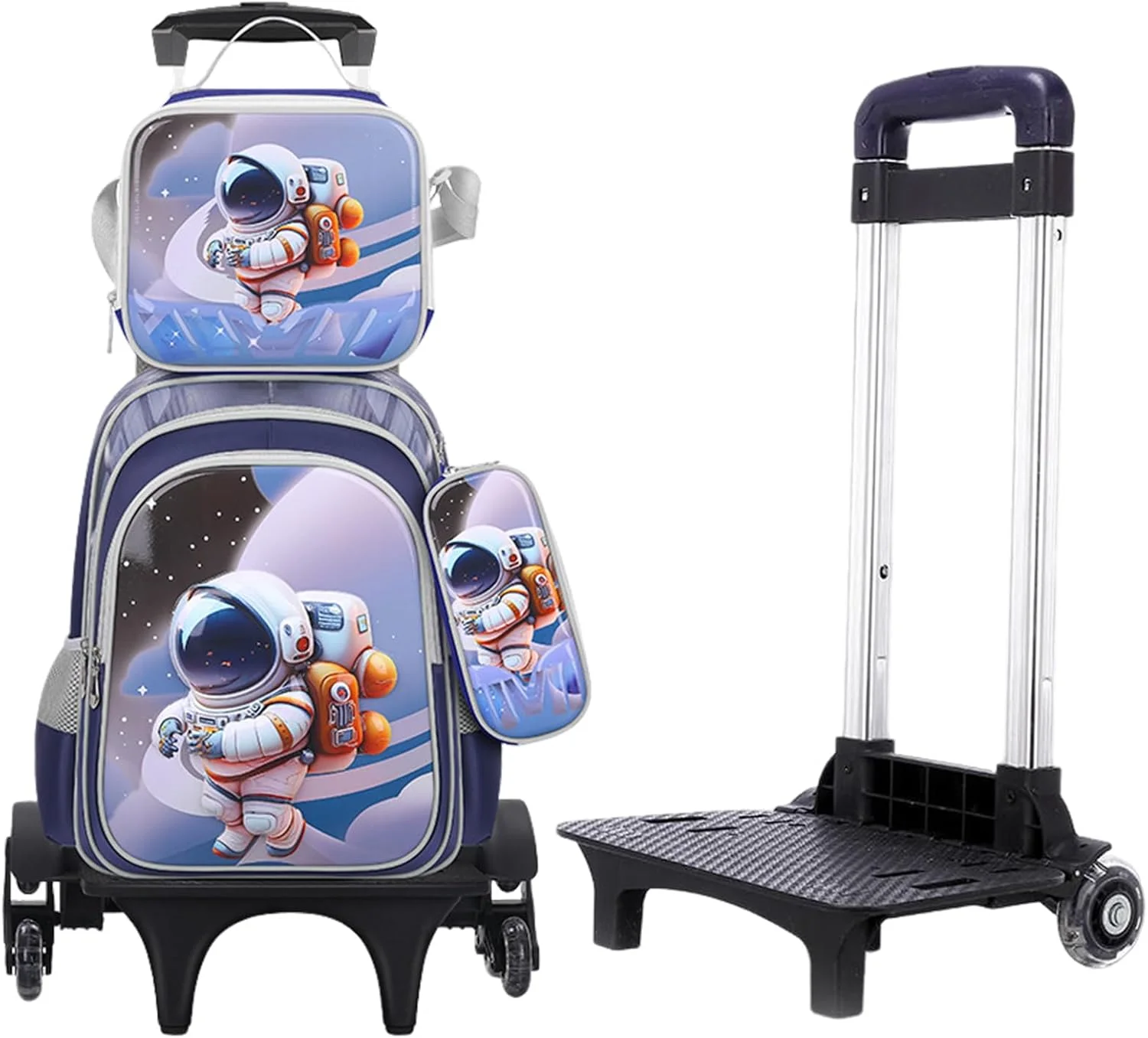 ست 3 تکه کوله پشتی چرخدار سه بعدی VAODO، چمدان چرخدار، کیف کتابی چرخدار، کوله پشتی چرخدار ترولی، شامل کیف کودک، کیف حمل و جامدادی، ضد آب، جادار