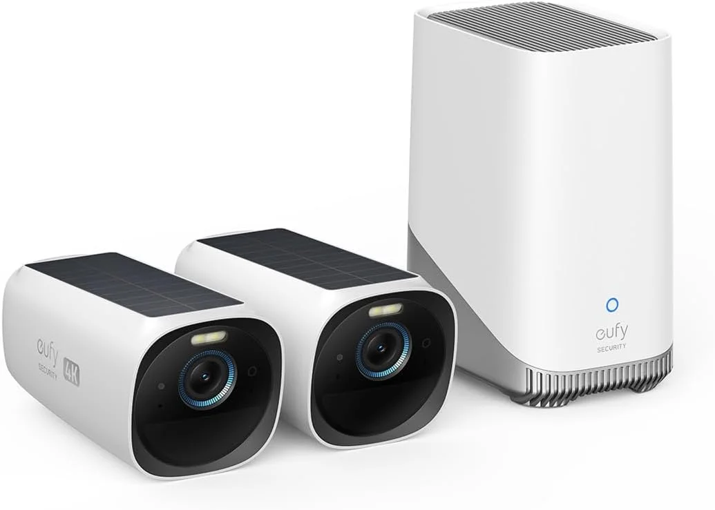 کیت دوربین دوگانه امنیتی Eufy مدل eufyCam 3، دوربین امنیتی بی‌سیم مناسب فضای باز، دوربین 4K با پنل خورشیدی یکپارچه، انرژی همیشگی، هوش مصنوعی تشخیص چهره، فضای ذخیره‌سازی محلی قابل ارتقا تا 16 ترابایت، بدون هزینه اشتراک ماهانه