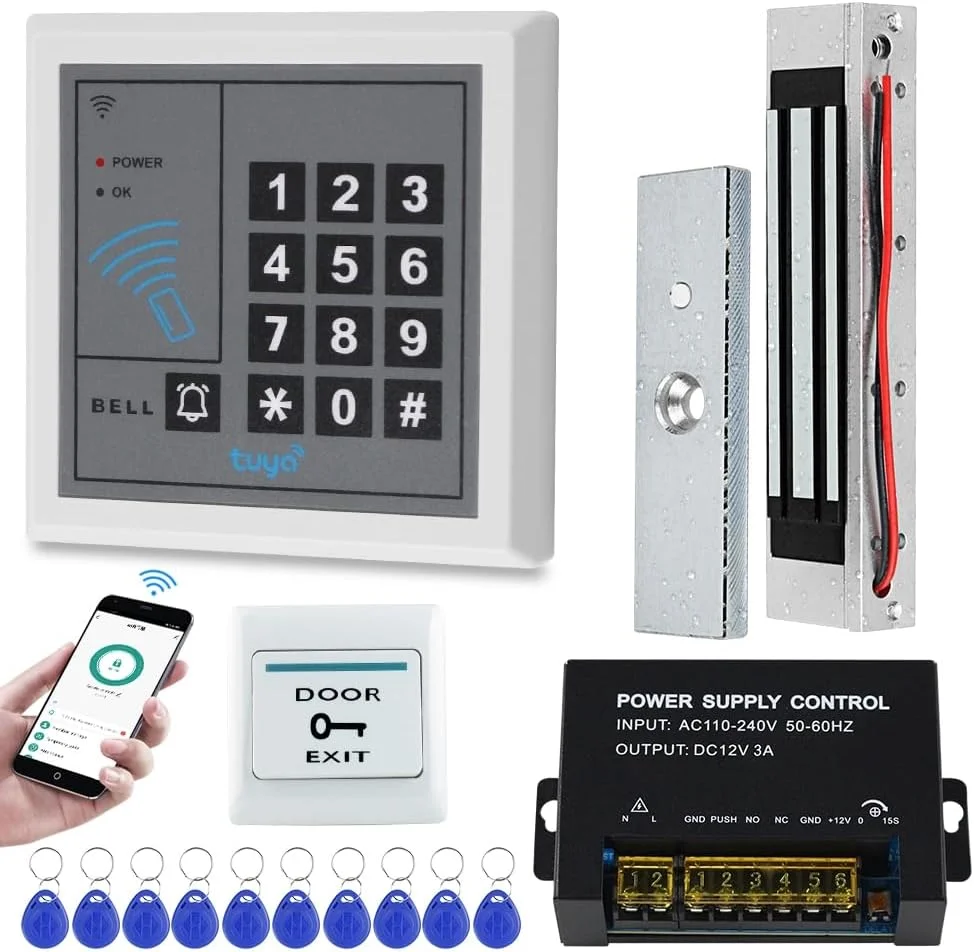سیستم کنترل دسترسی RFID کامل Gaocinys، کنترلر دسترسی وای فای Tuya، کیبورد، قفل درب مغناطیسی برقی 180 کیلوگرم، منبع تغذیه 12 ولت DC، دکمه خروج، 10 دکمه سیستم کنترل دسترسی RFID کامل Gaocinys، کنترلر دسترسی وای فای Tuya، کیبورد، قفل درب مغناطیسی برقی 180 کیلوگرم، منبع تغذیه 12 ولت DC، دکمه خروج، 10 دکمه