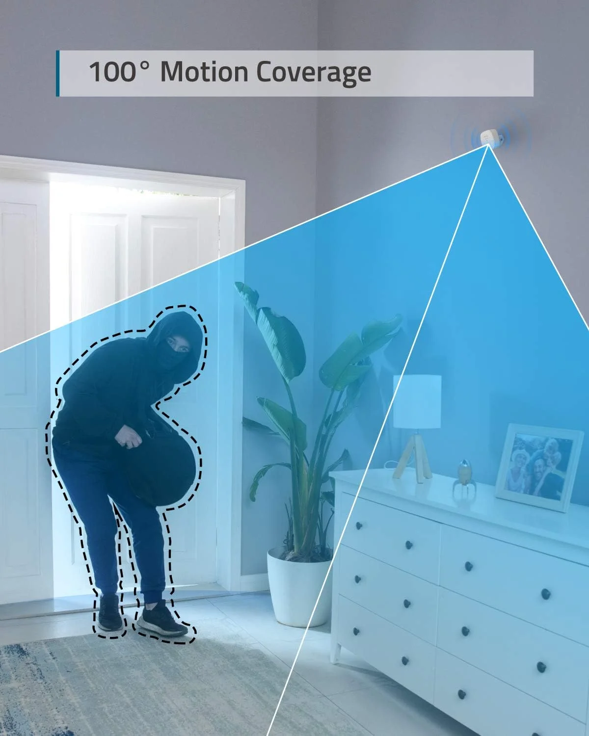 سنسور حرکتی سیستم دزدگیر خانه یوفی سکیوریتی، پوشش 100 درجه، محدوده تشخیص 30 فوت، عمر باتری 2 ساله، حساسیت قابل تنظیم، نیاز به هوم بیس یوفی سکیوریتی، اتصال به دستگاه های متصل به هوم بیس