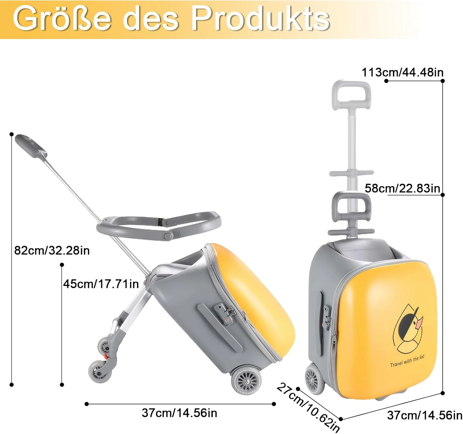 چمدان کودکانه Zertylre، چمدان کابین 2 در 1 با صندلی برای کودکان، هارد کیس 40 لیتری قابل گسترش با چرخ های اسپینر، مناسب برای سنین 4 سال به بالا، سفر فرودگاهی آسان (زرد)