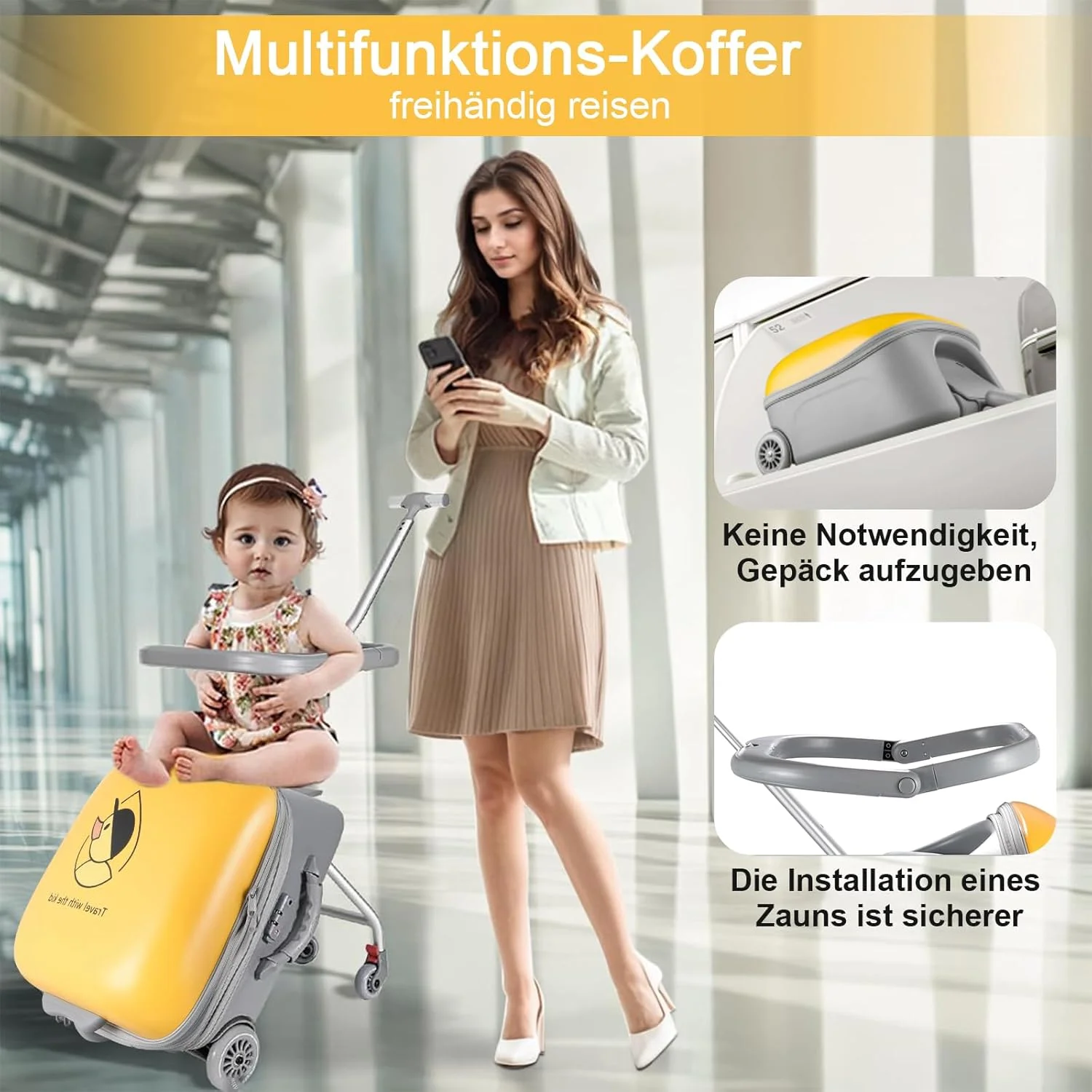 چمدان کودکانه Zertylre، چمدان کابین 2 در 1 با صندلی برای کودکان، هارد کیس 40 لیتری قابل گسترش با چرخ های اسپینر، مناسب برای سنین 4 سال به بالا، سفر فرودگاهی آسان (زرد)