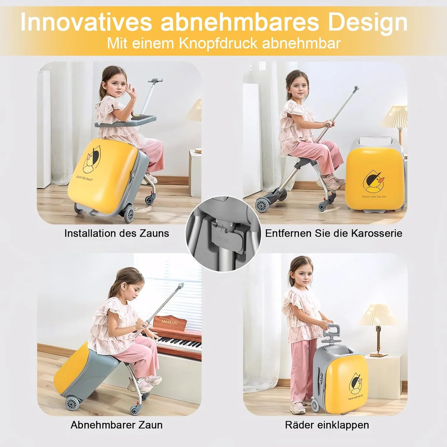 چمدان کودکانه Zertylre، چمدان کابین 2 در 1 با صندلی برای کودکان، هارد کیس 40 لیتری قابل گسترش با چرخ های اسپینر، مناسب برای سنین 4 سال به بالا، سفر فرودگاهی آسان (زرد)